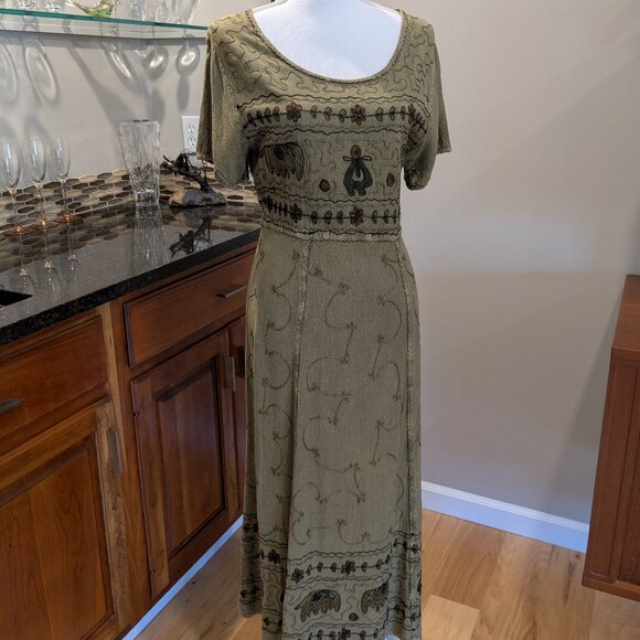 Bila Embroidered Elephant Boho Midi Dress LP Olive Green Made in India Tie Waist - Picture 1 of 5